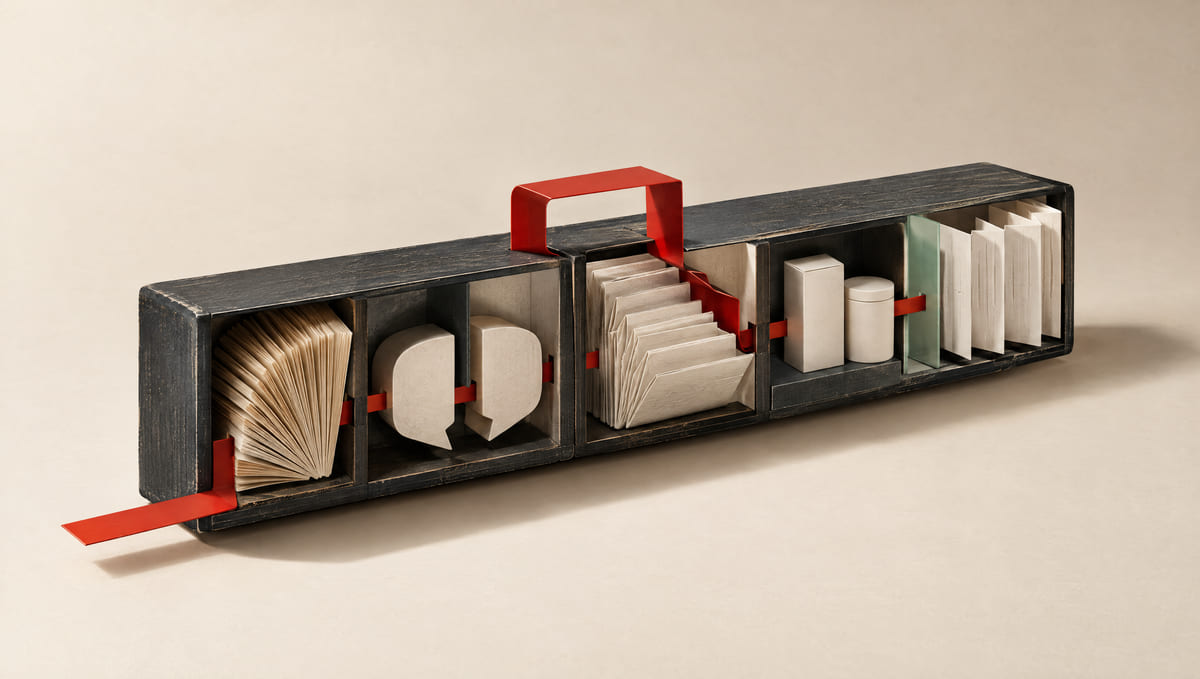 A crafted black archive containing books, conversation shapes, documents, products and reports, connected by a red metal ribbon.