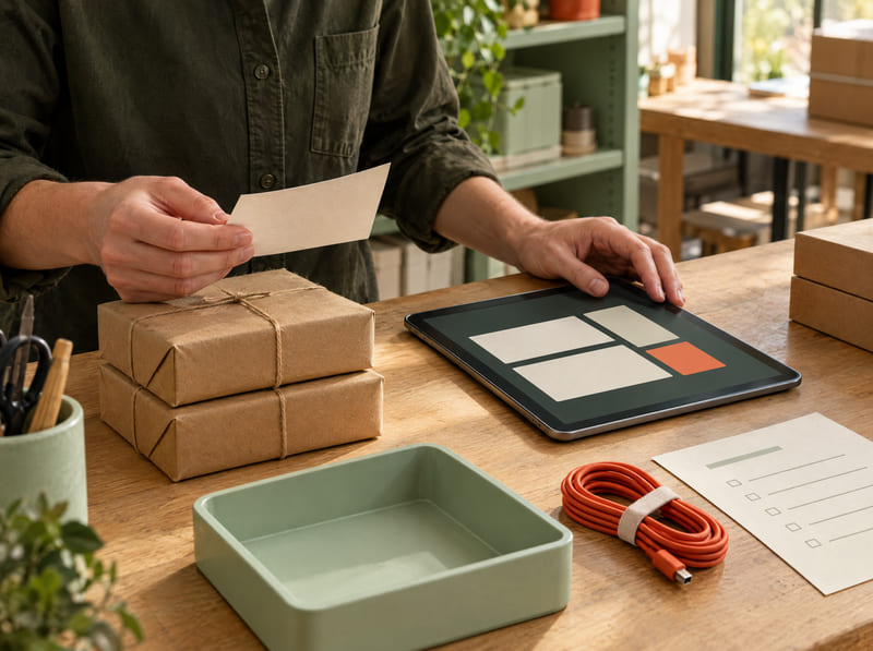 Hands compare an order card with a tablet beside parcels on a workshop bench